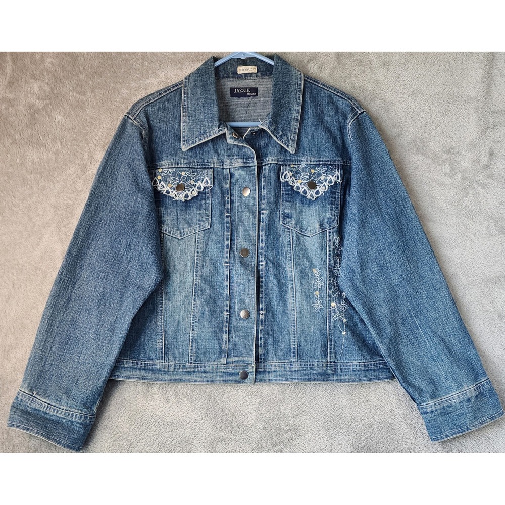 Jazzie Denim Jacket Womens Large Blue Embroidered Rhinestone Cross Stretch Y2K